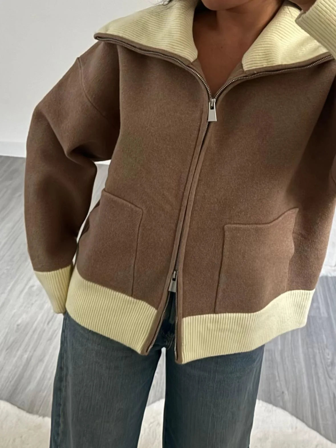 Fashion Contrast Color Zipper Sweater For Women