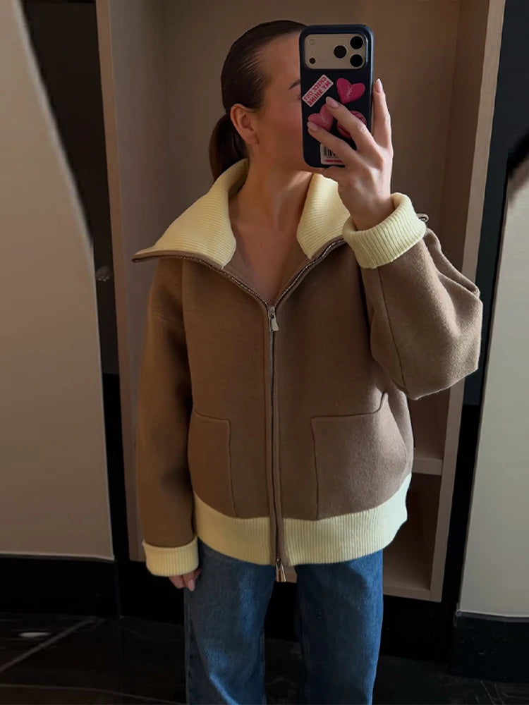 Fashion Contrast Color Zipper Sweater For Women