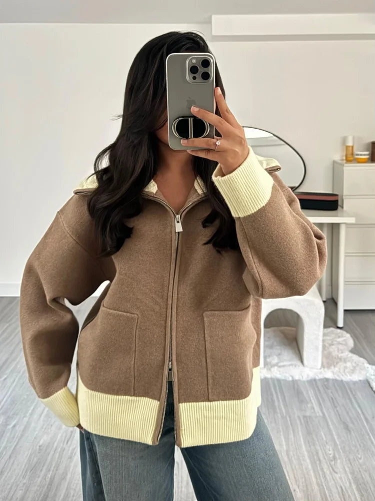 Fashion Contrast Color Zipper Sweater For Women