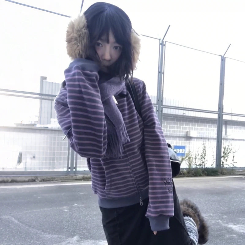 Karrram Japanese Y2k Purple Striped Cardigan 2000s