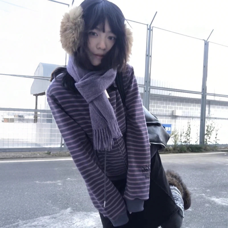 Karrram Japanese Y2k Purple Striped Cardigan 2000s
